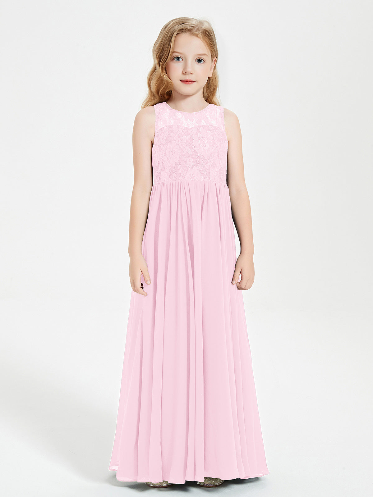 Long Junior Bridesmaid Dresses Lace Top Candy Pink